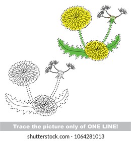 Drawing worksheet for preschool kids with easy gaming level of difficulty, simple educational game for kids one line tracing of Dandelion flower