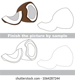 Drawing worksheet for preschool kids with easy gaming level of difficulty, simple educational game for kids to finish the picture by Sample and draw the coconut