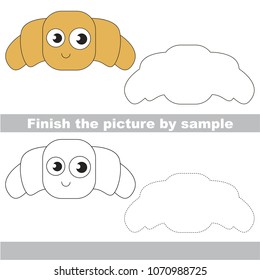 Drawing worksheet for preschool kids with easy gaming level of difficulty, simple educational game for kids to finish the picture by Sample and draw the funny breakfast meal - french bakery croissant
