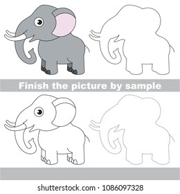 Drawing worksheet for preschool kids with easy gaming level of difficulty, simple educational game for kids to finish the picture by Sample and draw the Big Grey Elephant