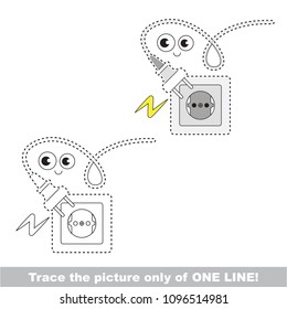 Drawing worksheet for preschool kids with easy gaming level of difficulty, simple educational game for kids one line tracing of Funn electrical socket and plug and cord and electricity