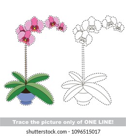 Drawing worksheet for preschool kids with easy gaming level of difficulty, simple educational game for kids one line tracing of pink orchid flower head pot flower