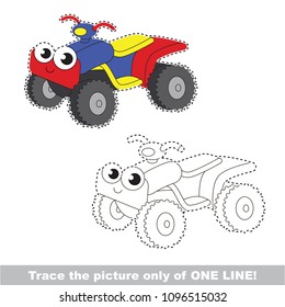 Drawing worksheet for preschool kids with easy gaming level of difficulty, simple educational game for kids one line tracing of Funny Quad Bike Transport