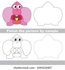 Drawing worksheet for preschool kids with easy gaming level of difficulty, simple educational game for kids to finish the picture by sample and draw the pink orchid flower head