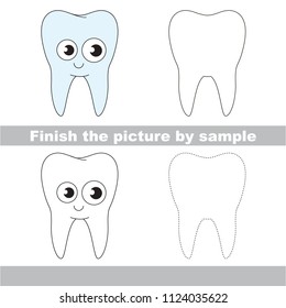 Drawing worksheet for preschool kids with easy gaming level of difficulty, simple educational game for kids to finish the picture by sample and draw the Funny Tooth