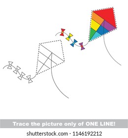 Drawing worksheet for preschool kids with easy gaming level of difficulty, simple educational game for kids one line tracing of rainbow Kite