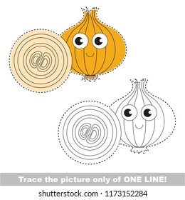 Drawing worksheet for preschool kids with easy gaming level of difficulty, simple educational game for kids one line tracing of Onion and slice