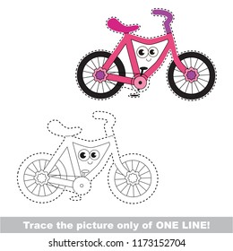 Drawing worksheet for preschool kids with easy gaming level of difficulty, simple educational game for kids one line tracing of Girl pink bicycle