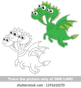 Drawing worksheet for preschool kids with easy gaming level of difficulty, simple educational game for kids one line tracing of Three head green fly dragon toy