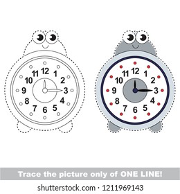 Drawing worksheet for preschool kids with easy gaming level of difficulty, simple educational game for kids one line tracing of Metal Alarm Clock