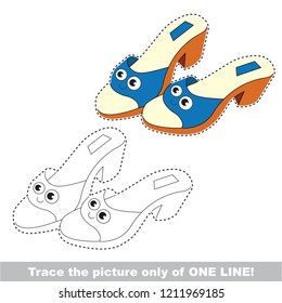 Drawing worksheet for preschool kids with easy gaming level of difficulty, simple educational game for kids one line tracing of Womna summer shoe