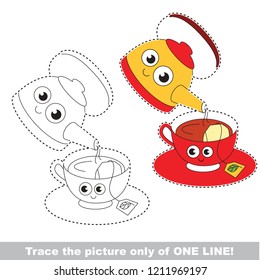 Drawing worksheet for preschool kids and easy gaming level difficulty  simple educational game for kids one line tracing Kettle   cup and tea bag