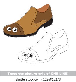 Drawing worksheet for preschool kids with easy gaming level of difficulty, simple educational game for kids one line tracing of Leather browmn man shoe