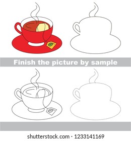 Drawing worksheet for preschool kids and easy gaming level difficulty  simple educational game for kids to finish the picture by sample   draw the Hot Tea Cup and tea bag