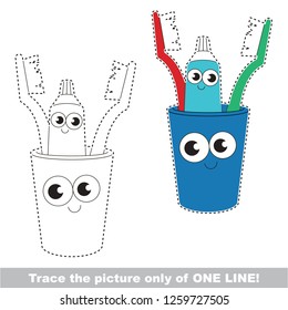 Drawing worksheet for preschool kids with easy gaming level of difficulty, simple educational game for kids one line tracing of Toothpaste and brush