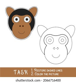 Drawing worksheet for preschool kids with easy gaming level of difficulty, simple educational game for kids one line tracing of Ape Face