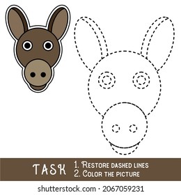 Drawing worksheet for preschool kids with easy gaming level of difficulty, simple educational game for kids one line tracing of Donkey Face.