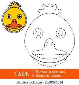 Drawing worksheet for preschool kids with easy gaming level of difficulty, simple educational game for kids one line tracing of Duckling Face.