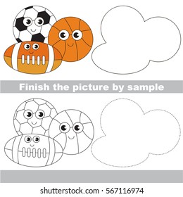 Drawing worksheet for preschool kids with easy gaming level of difficulty, simple educational game for kids to finish the picture by sample and draw the Balls