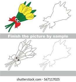 Drawing worksheet for preschool kids with easy gaming level of difficulty, simple educational game for kids to finish the picture by sample and draw the Tulip Bouquet