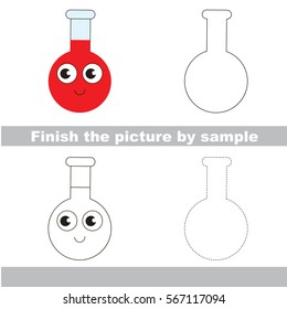 Drawing worksheet for preschool kids with easy gaming level of difficulty, simple educational game for kids to finish the picture by sample and draw the Red liquid Vial