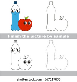 Drawing worksheet for preschool kids with easy gaming level of difficulty, simple educational game for kids to finish the picture by sample and draw the Apple and Water