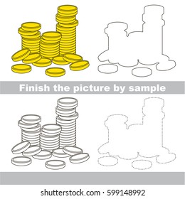 Drawing worksheet for preschool kids with easy gaming level of difficulty, simple educational game for kids to finish the picture by sample and draw the lot of Gold Cash Coins