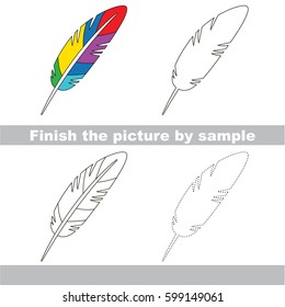 Drawing worksheet for preschool kids with easy gaming level of difficulty, simple educational game for kids to finish the picture by sample and draw the Colorful Feather