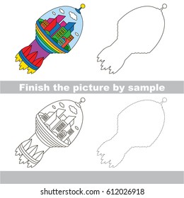 Drawing worksheet for preschool kids with easy gaming level of difficulty, simple educational game for kids to finish the picture by sample and draw the Flying Space City Rocket