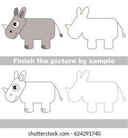 Drawing worksheet for preschool kids with easy gaming level of difficulty, simple educational game for kids to finish the picture by sample and draw the Rhino