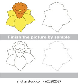 Drawing worksheet for preschool kids with easy gaming level of difficulty, simple educational game for kids to finish the picture by sample and draw the Yellow Daffodil