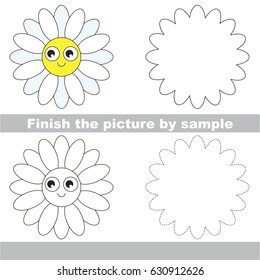 Drawing worksheet for preschool kids with easy gaming level of difficulty, simple educational game for kids to finish the picture by sample and draw the Funny Daisy Face