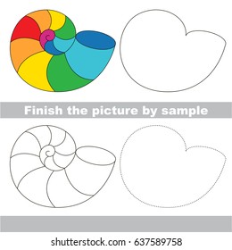 Drawing worksheet for preschool kids with easy gaming level of difficulty, simple educational game for kids to finish the picture by sample and draw the Rainbow Seashell