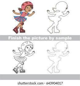 Drawing worksheet for preschool kids with easy gaming level of difficulty, simple educational game for kids to finish the picture by sample and draw the Roller Girl in Helmet