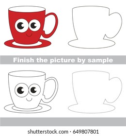 Drawing worksheet for preschool kids with easy gaming level of difficulty, simple educational game for kids to finish the picture by sample and draw the Cute Funny Red Cup