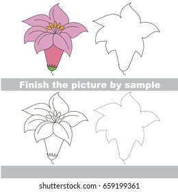 Drawing worksheet for preschool kids with easy gaming level of difficulty, simple educational game for kids to finish the picture by sample and draw the Pink Lilly