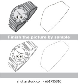 Drawing worksheet for preschool kids with easy gaming level of difficulty, simple educational game for kids to finish the picture by sample and draw the Funny Metal Watches