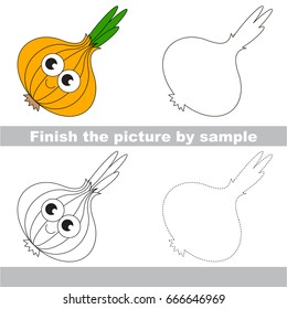 Drawing worksheet for preschool kids with easy gaming level of difficulty, simple educational game for kids to finish the picture by sample and draw the Happy Onion