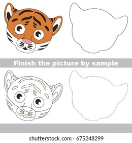 Drawing worksheet for preschool kids with easy gaming level of difficulty, simple educational game for kids to finish the picture by sample and draw the Tiger Face