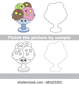 Drawing worksheet for preschool kids with easy gaming level of difficulty, simple educational game for kids to finish the picture by sample and draw the Funny Ice Cream in Vase