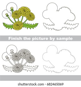 Drawing worksheet for preschool kids with easy gaming level of difficulty, simple educational game for kids to finish the picture by sample and draw the Beautiful Yellow Dandelion