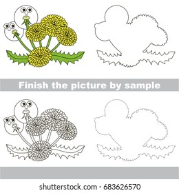 Drawing worksheet for preschool kids with easy gaming level of difficulty, simple educational game for kids to finish the picture by sample and draw the Funny Dandelion