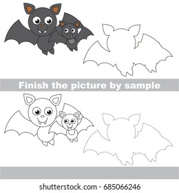 Drawing worksheet for preschool kids with easy gaming level of difficulty, simple educational game for kids to finish the picture by sample and draw the Funny Mom Vampire Bat and her Kid