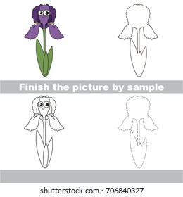 Drawing worksheet for preschool kids with easy gaming level of difficulty, simple educational game for kids to finish the picture by sample and draw the Funny Flower Iris Violet
