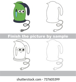 Drawing worksheet for preschool kids with easy gaming level of difficulty, simple educational game for kids to finish the picture by sample and draw the Green Funny Kettle