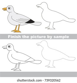 Drawing worksheet for preschool kids with easy gaming level of difficulty, simple educational game for kids to finish the picture by sample and draw the Funny Gull