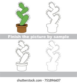 Drawing worksheet for preschool kids with easy gaming level of difficulty, simple educational game for kids to finish the picture by sample and draw the Green Pot Cactus