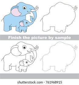 Drawing worksheet for preschool kids with easy gaming level of difficulty, simple educational game for kids to finish the picture by sample and draw the Elephant Mom and her Infant