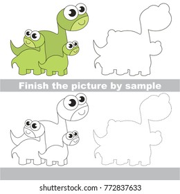 Drawing worksheet for preschool kids with easy gaming level of difficulty, simple educational game for kids to finish the picture by sample and draw the Mother and her infant Dinosaurus Brontosaurus