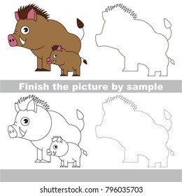 Drawing worksheet for preschool kids with easy gaming level of difficulty, simple educational game for kids to finish the picture by sample and draw the Mom and her infant Hog